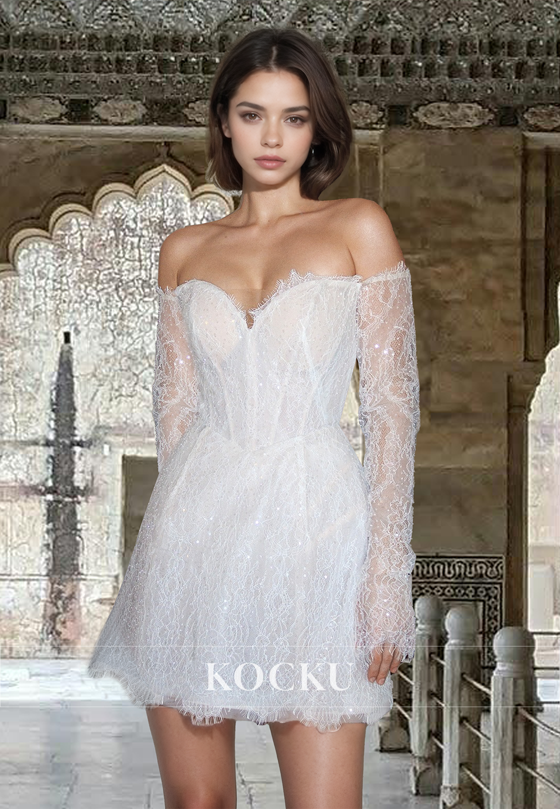 Beach Sweetheart A-Line Wedding Dress Long Sleeves Short Applique Lace Boho Gowns