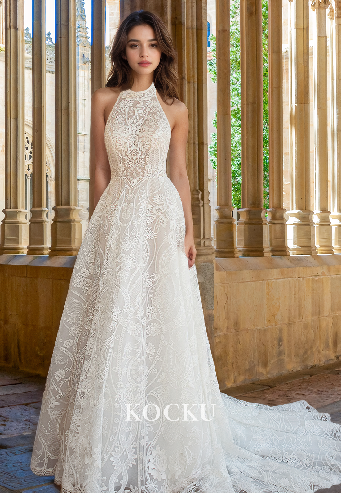 Halter Neck Sleeveless A-Line Sweep Train Lace Pleated Wedding Dress Bridal Gown with Applique