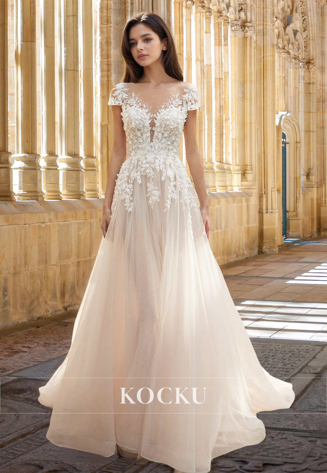 Romantic A-Line Scoop Neck Cap Sleeves Appliques Lace Bridal Gown with Beads