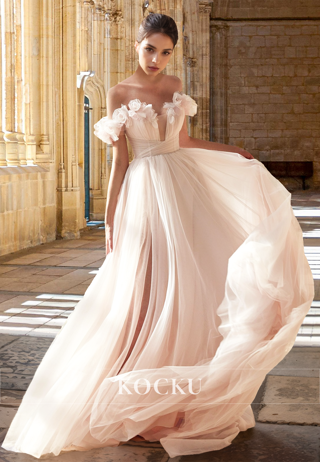 Off-Shoulder A-Line Side Slit Train Lace Pleats Beach Wedding Dress Boho Gown with Floral