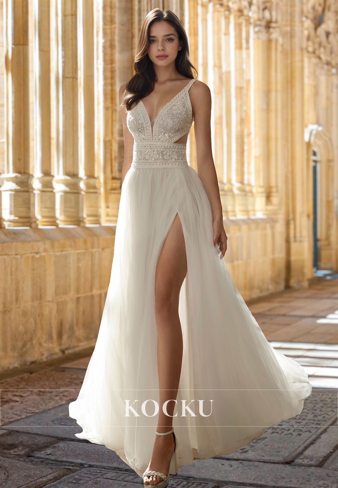 Beach A-Line Straps V-Neck Wedding Dress Side Slit Train Lace Pleats Boho Gown with Appliques