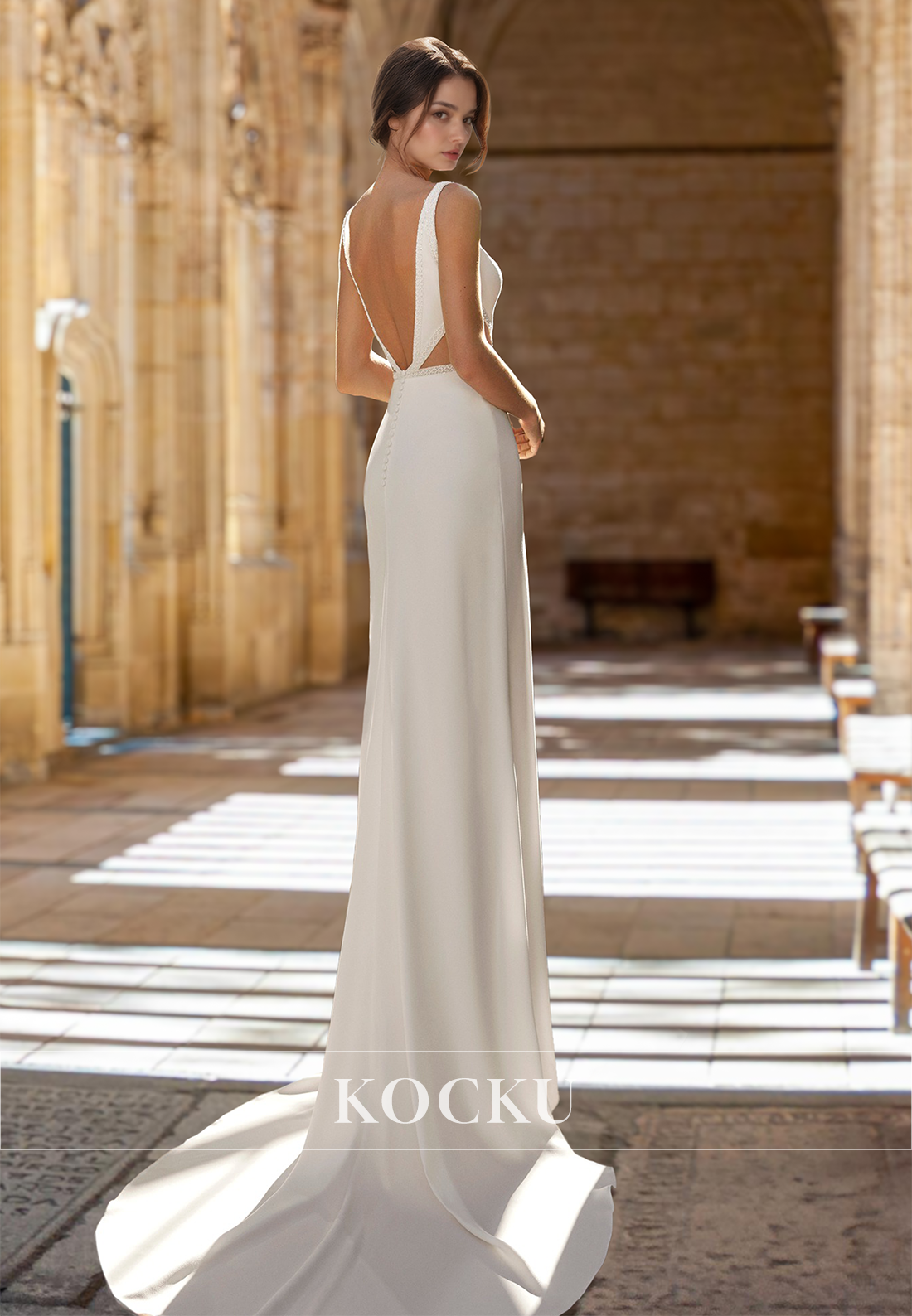 V-Neck Straps Sheath Two Piece Satin Cut Outs Wedding Dress Bridal Gown with Train
