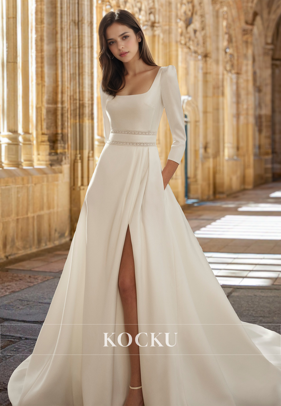 Square Neck Long Sleeves Satin A-Line Side Slit Bridal Wedding Dress Gown with Pockets