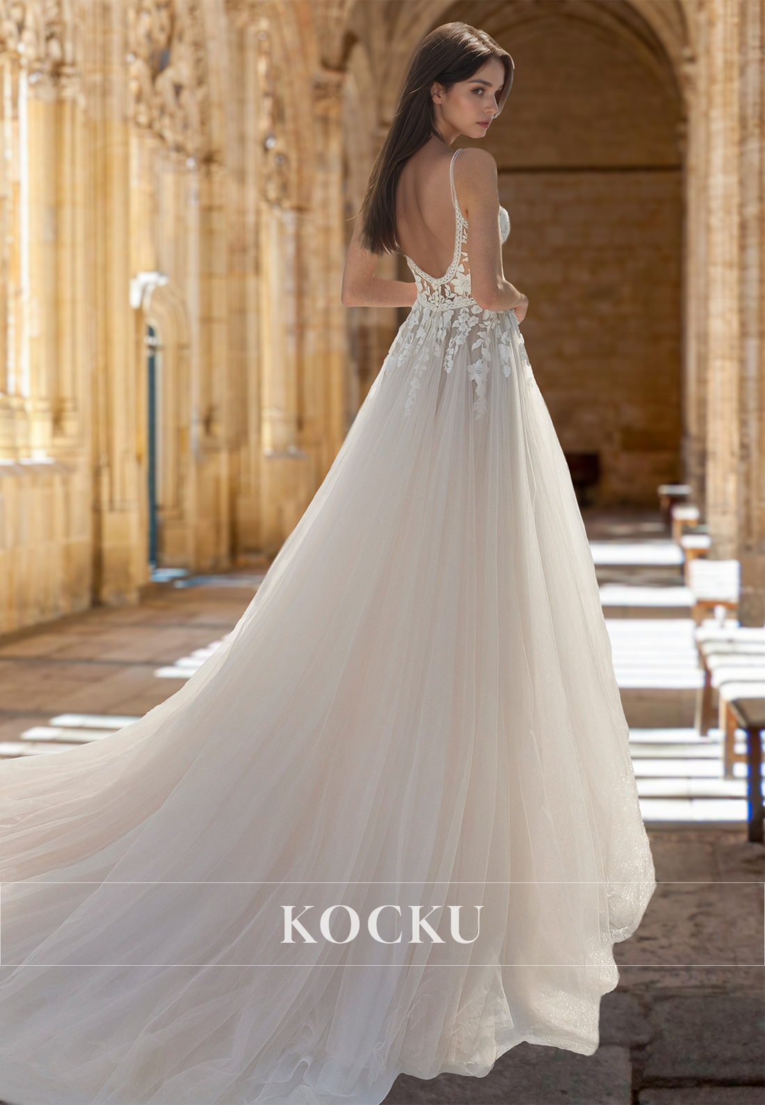 A-Line Spaghetti Straps V-Neck Slit Train Lace Pleats Appliques Beach Wedding Dress with Bows