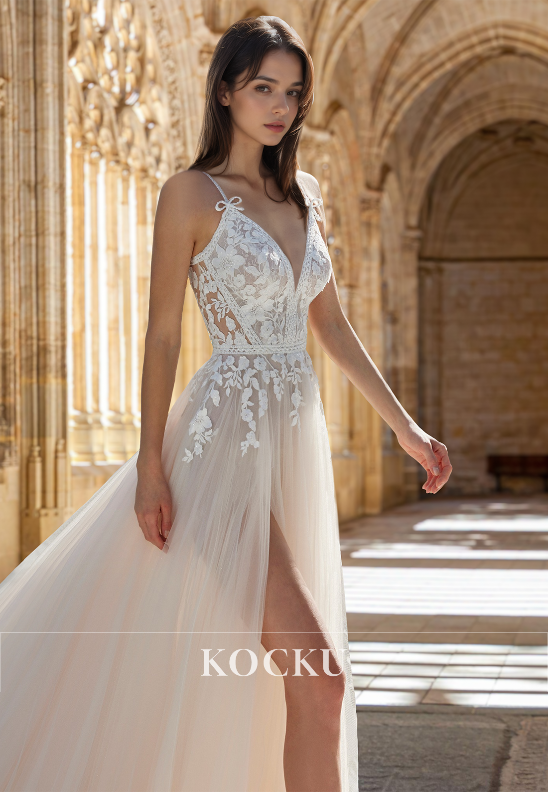A-Line Spaghetti Straps V-Neck Slit Train Lace Pleats Appliques Beach Wedding Dress with Bows