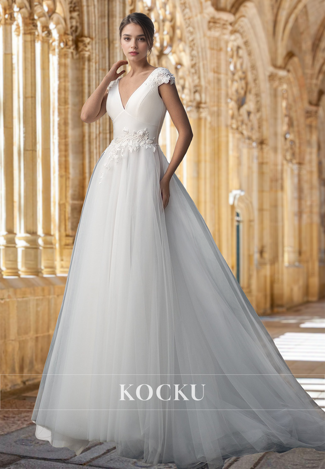 A-Line V-Neck Cap Sleeves Lace Brush Train Pleated Long Wedding Dress with Appliques