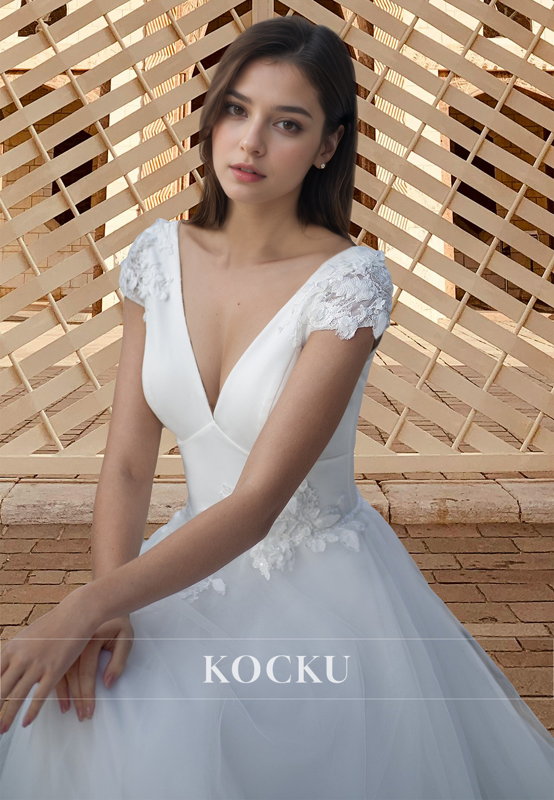 A-Line V-Neck Cap Sleeves Lace Brush Train Pleated Long Wedding Dress with Appliques