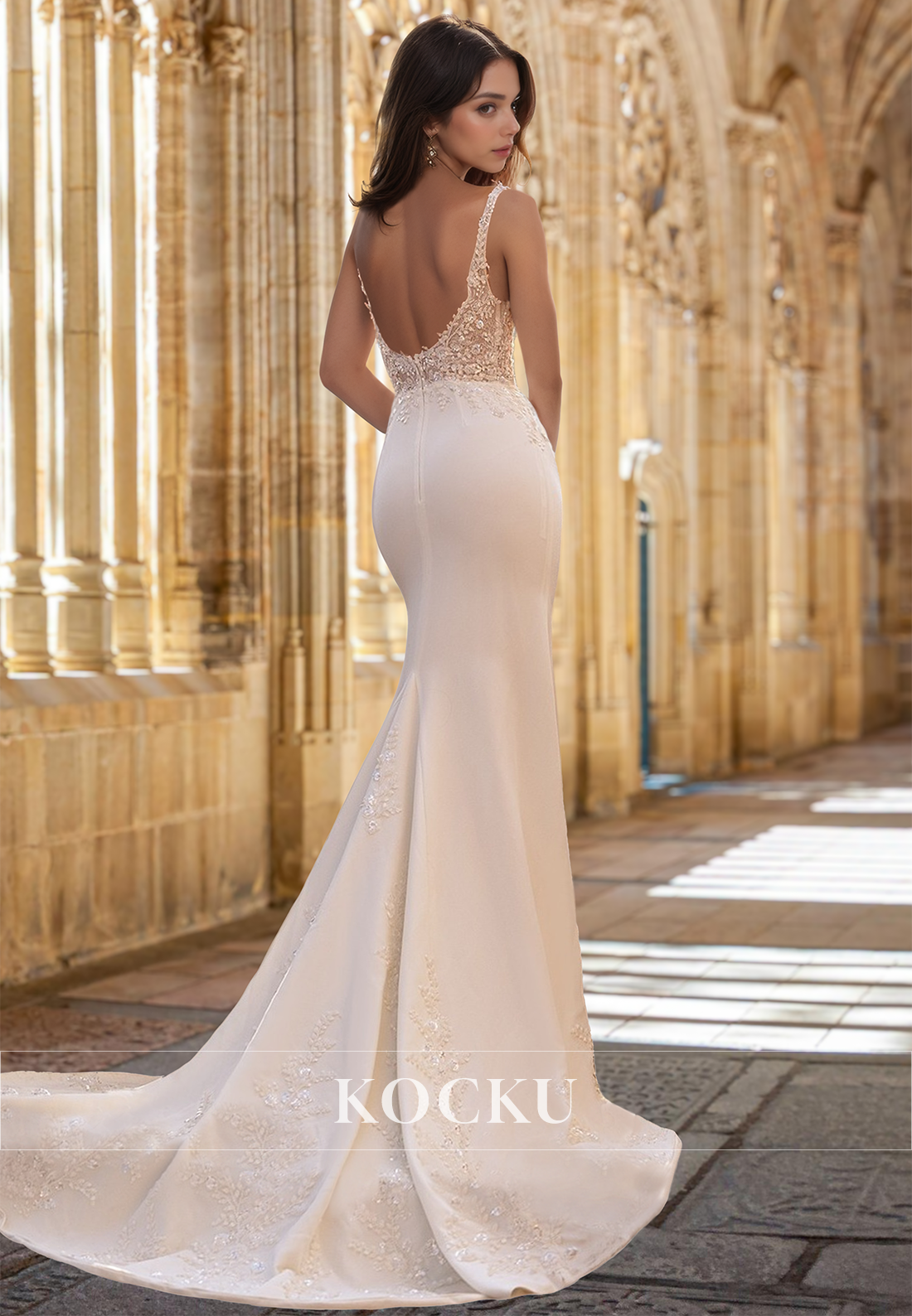 V-Neck Fitted Straps Sleeveless Appliques Satin Boho Gown with Train Beach Wedding Dress