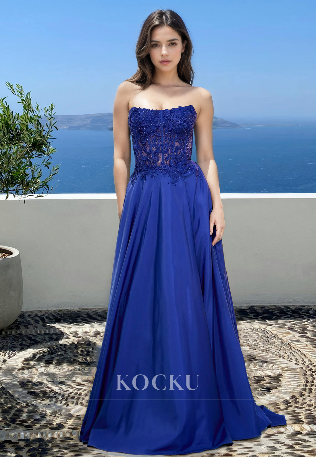 Beaded A-Line Tube Top Satin Appliques Pleats Long Prom Party Evening Dress with Train