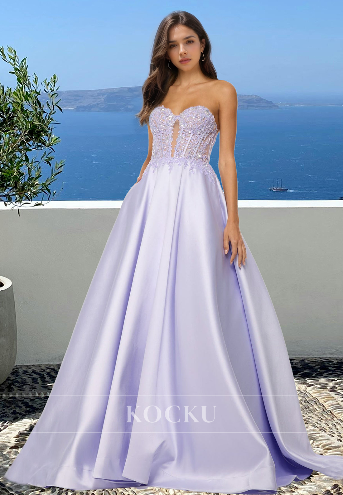 A-Line Sweetheart Sleeveless Stripe Satin Pleated Long Formal Evening Dress with Appliques