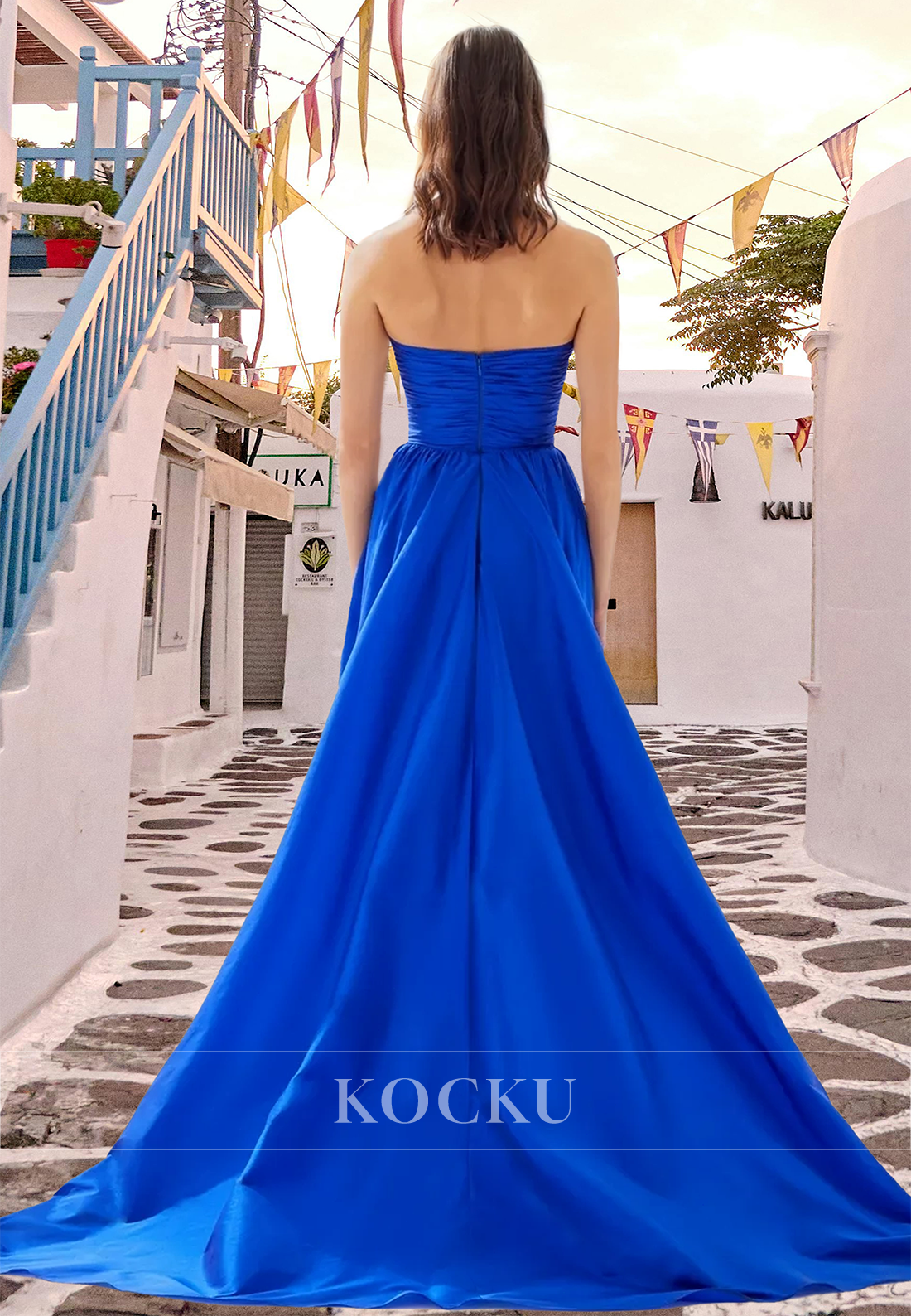 Tube Top A-Line Side Slit Train Sleeveless Ruched Satin Party Prom Dress with Floral