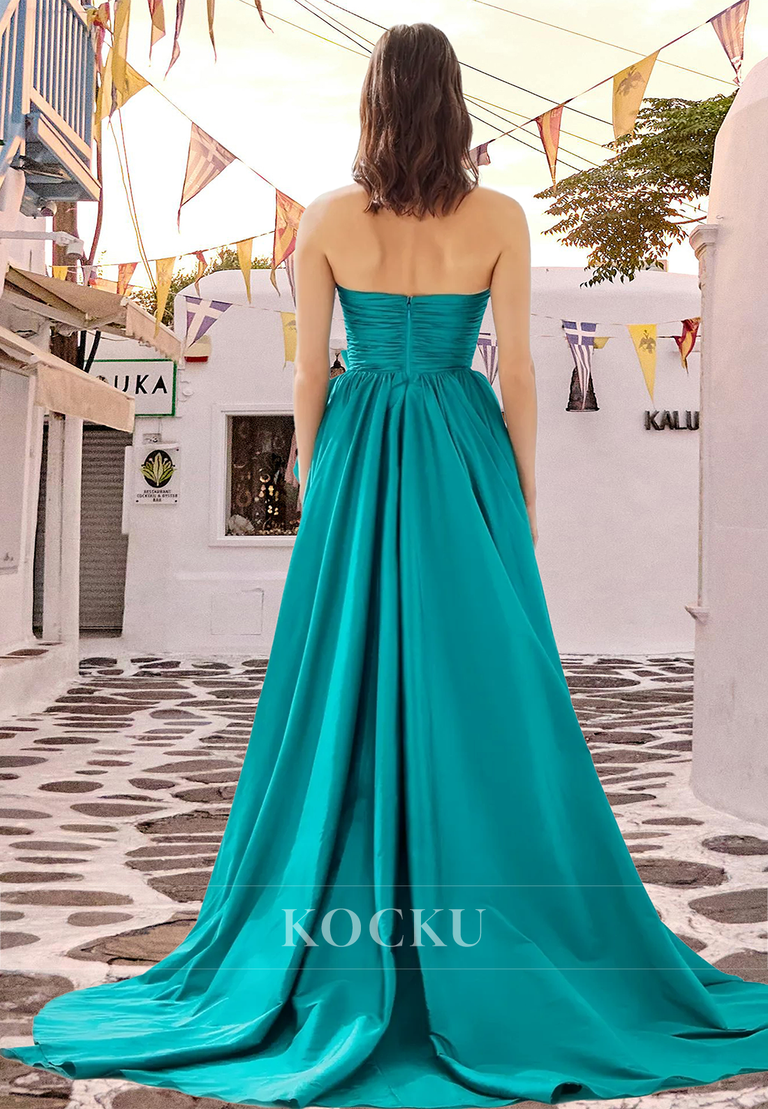 Tube Top A-Line Side Slit Train Sleeveless Ruched Satin Party Prom Dress with Floral