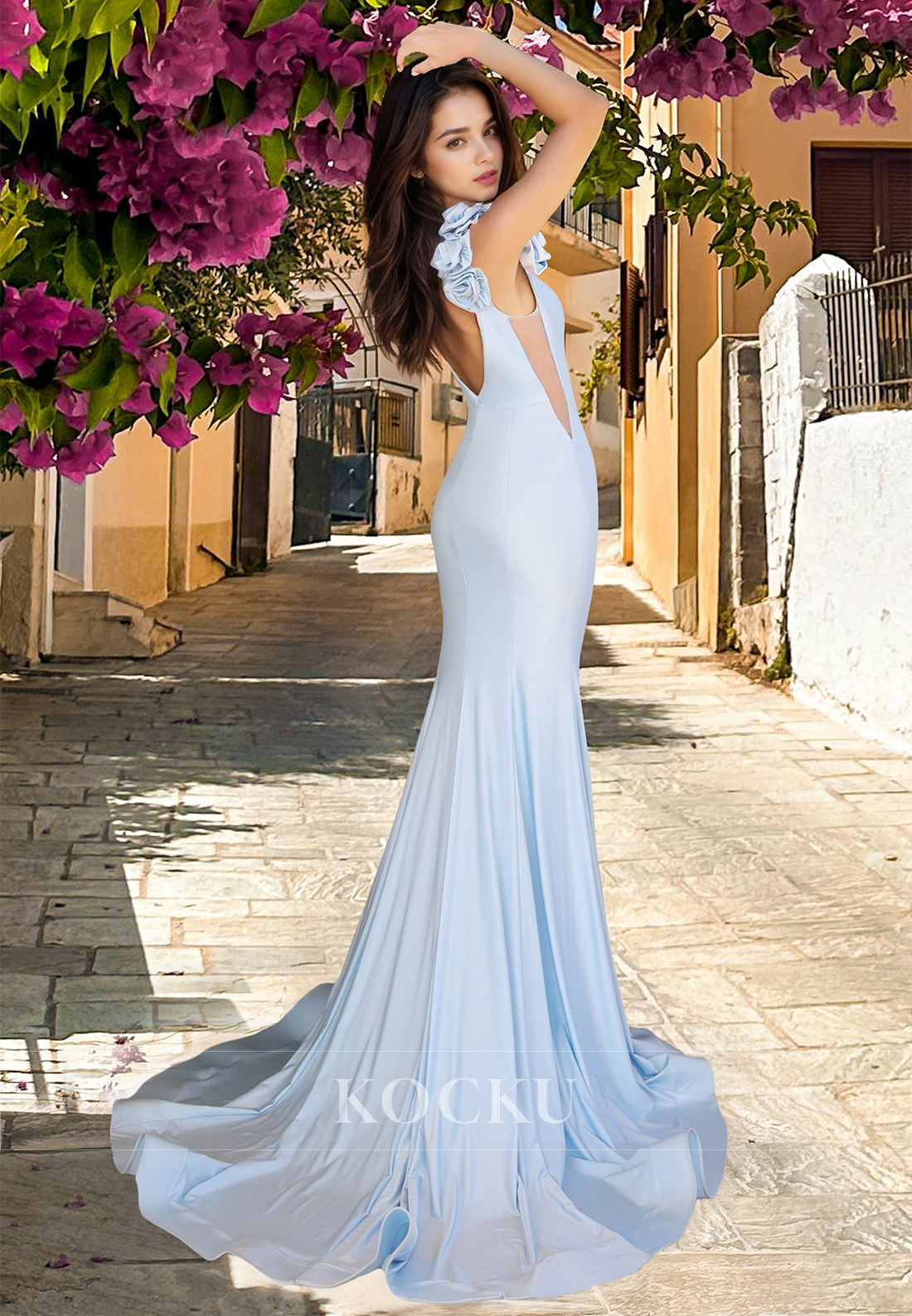 Graceful V-Neck Straps  Mermaid Sweep Train Satin Prom Party Dress with Floral