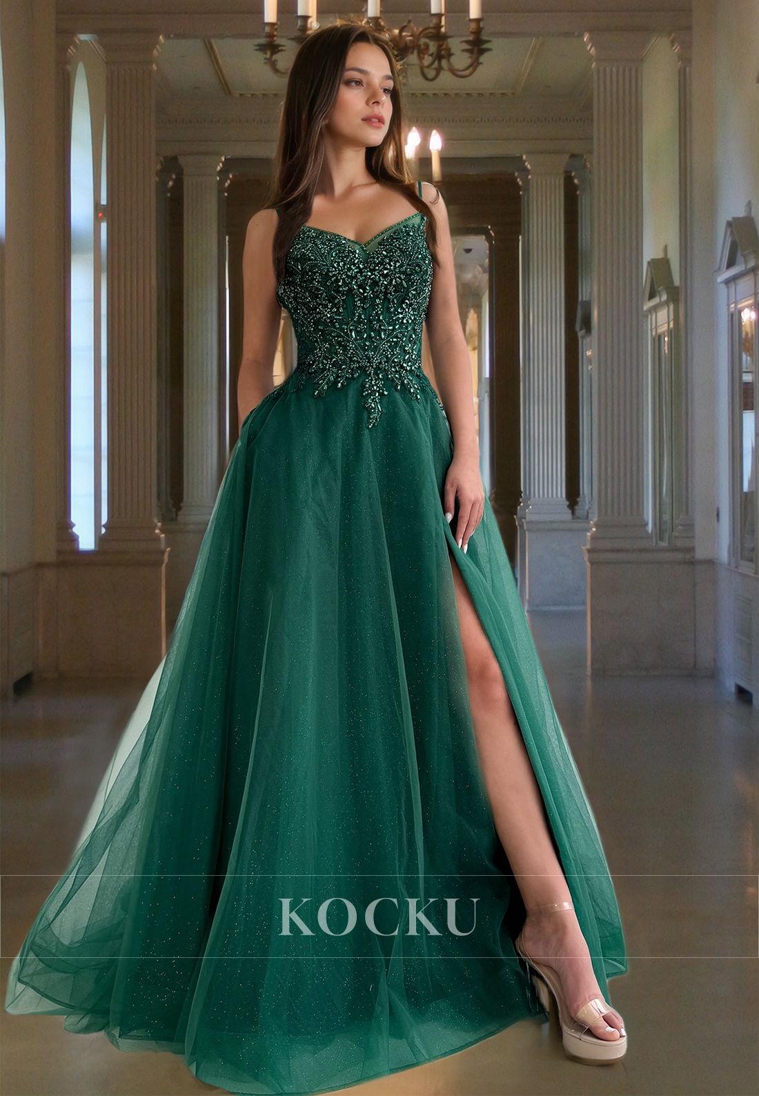 Beaded A-Line Spaghetti Straps High Slit Glitter Pleats Party Prom Dress with Appliques