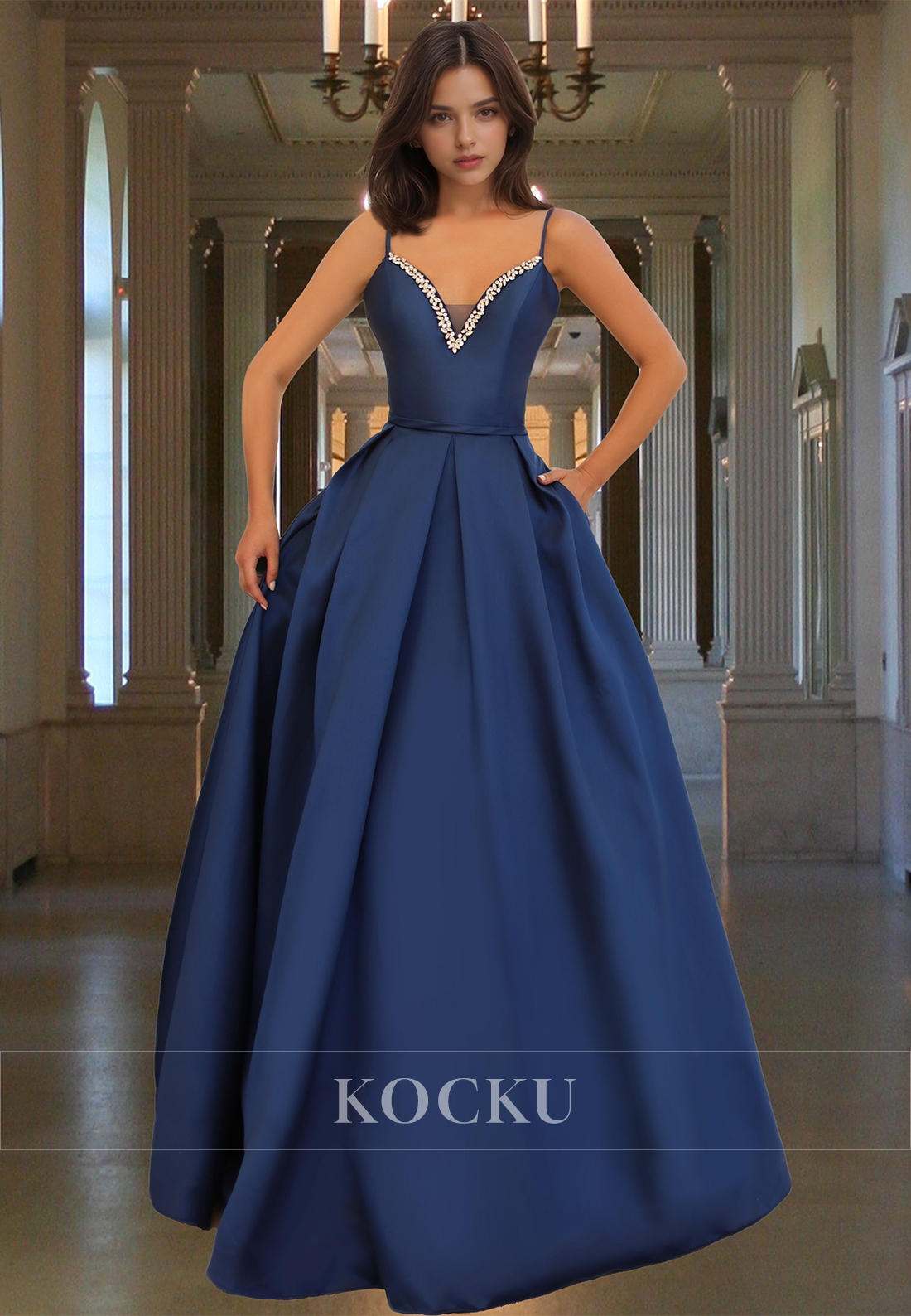 Elegant A-Line Sweetheart Straps Satin Pleats Beaded Prom Dress with Gloves Formal Gown
