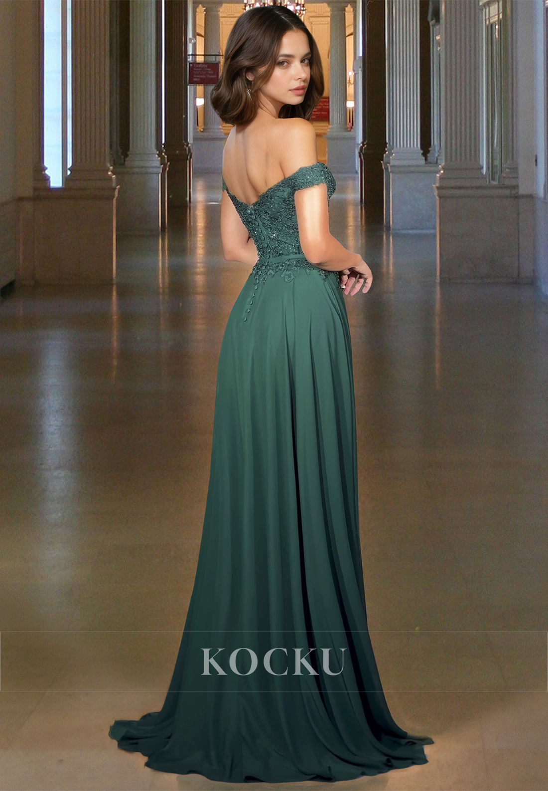 Elegant A-Line Off Shoulder High Slit Beaded Long Prom Formal Dress with Appliques