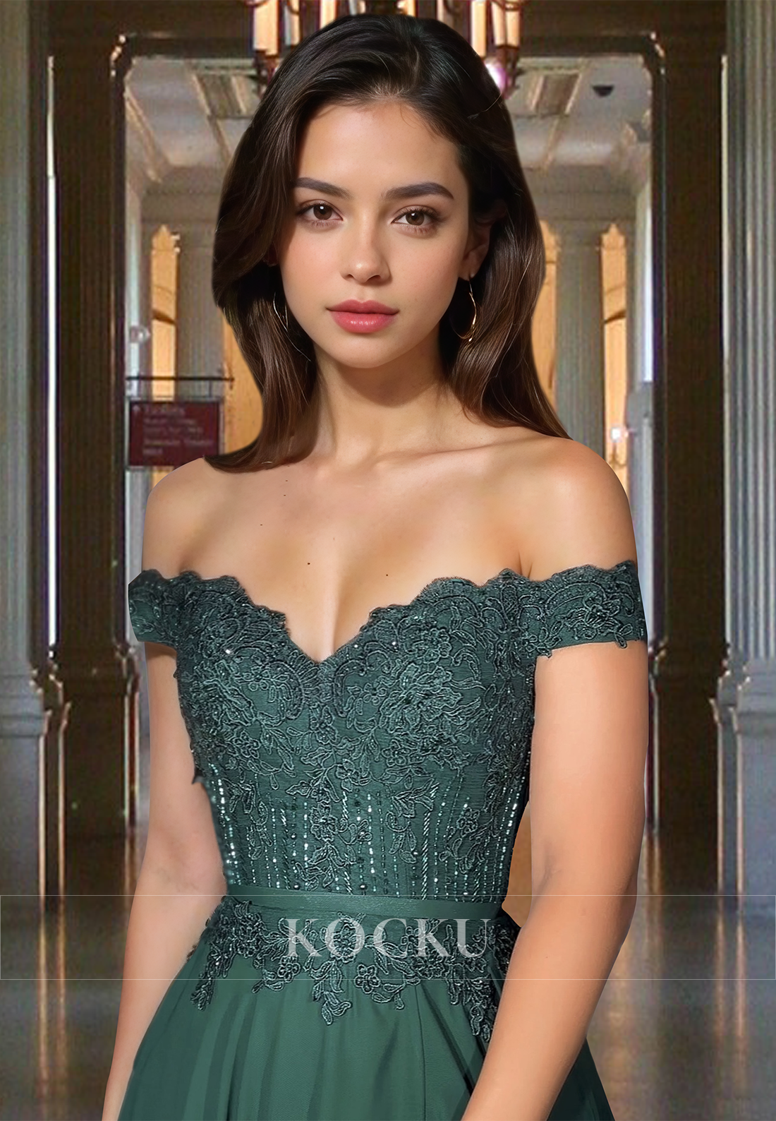 Elegant A-Line Off Shoulder High Slit Beaded Long Prom Formal Dress with Appliques