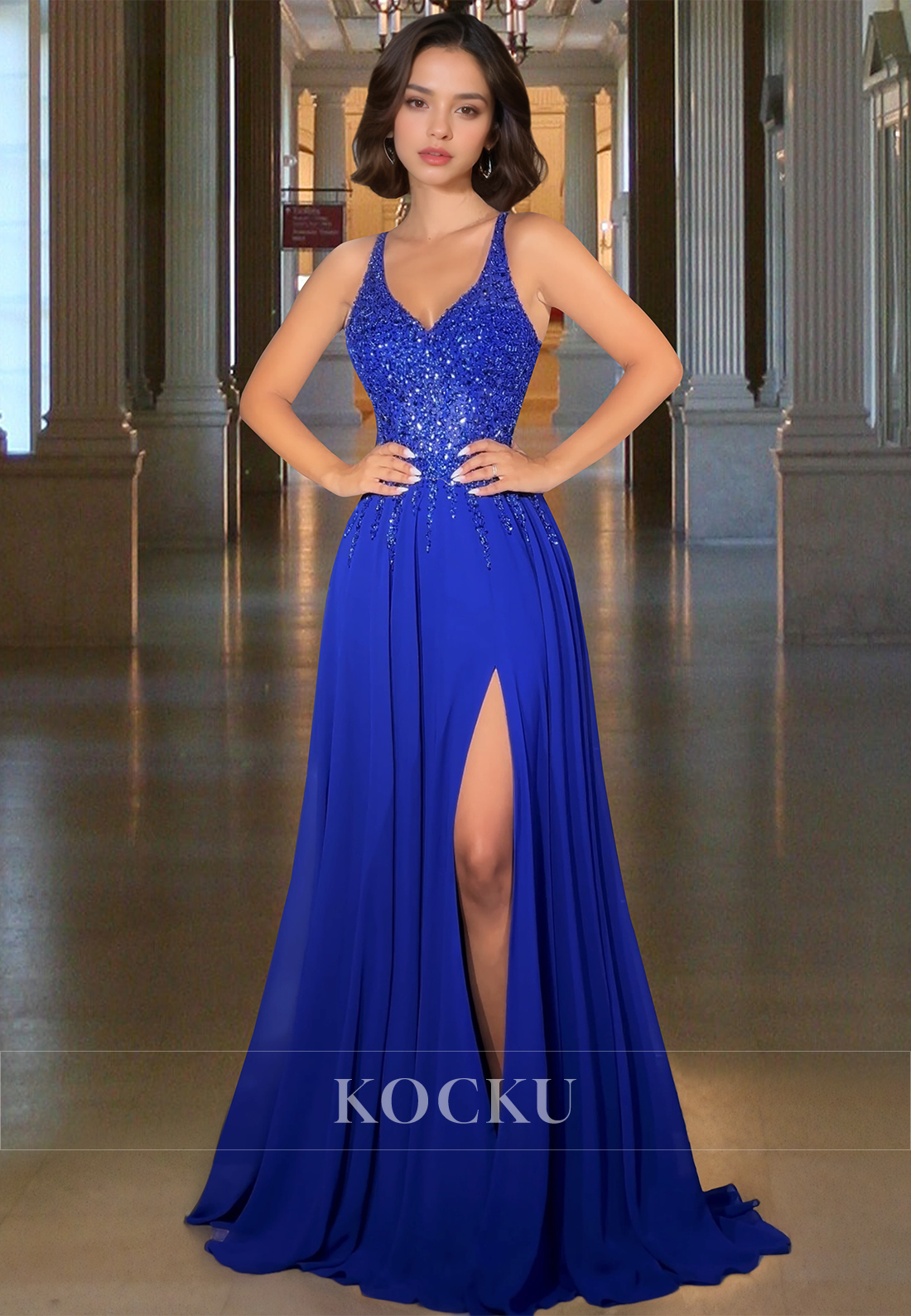 Beaded Royal Blue A-Line V-Neck Straps Appliques Long Party Prom Dress with Slit