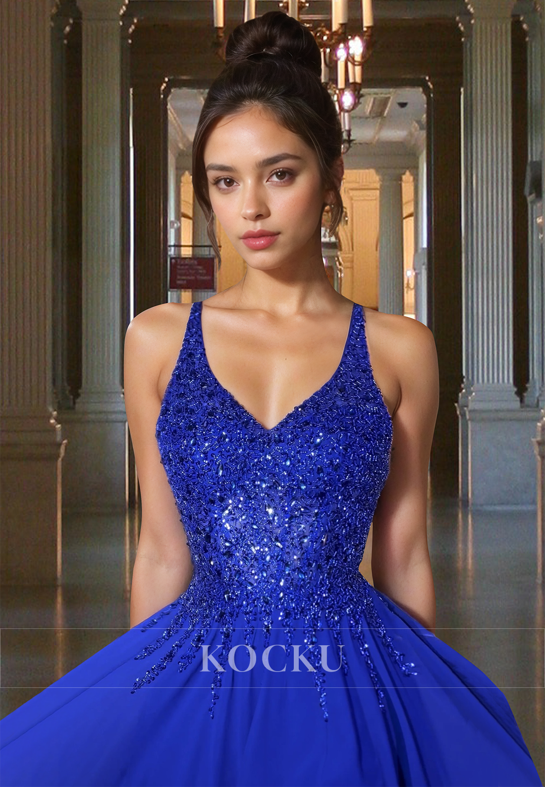 Beaded Royal Blue A-Line V-Neck Straps Appliques Long Party Prom Dress with Slit