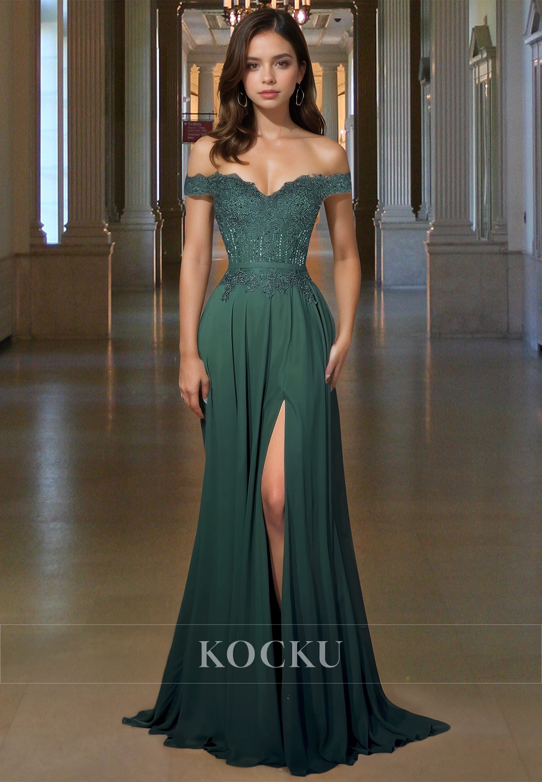 Elegant A-Line Off Shoulder High Slit Beaded Long Prom Formal Dress with Appliques
