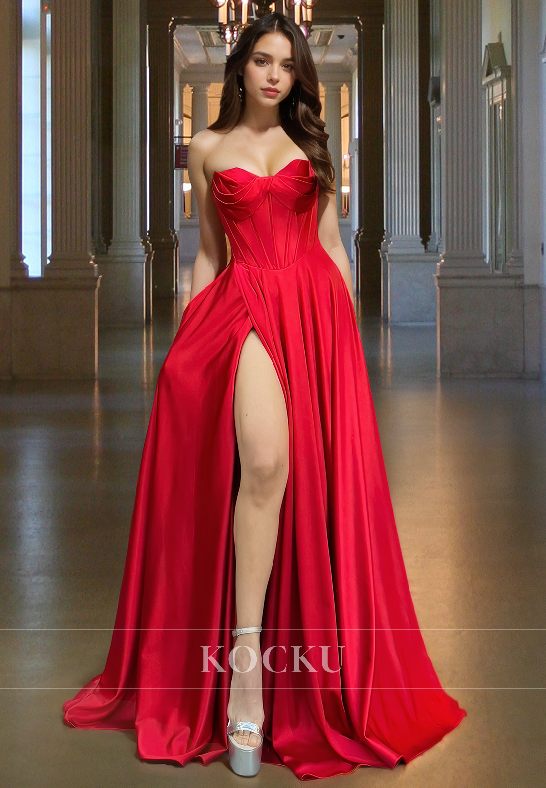 Glamorous A-Line Sweetheart Sleeveless Satin Pleated Long Formal Prom Dress with Split