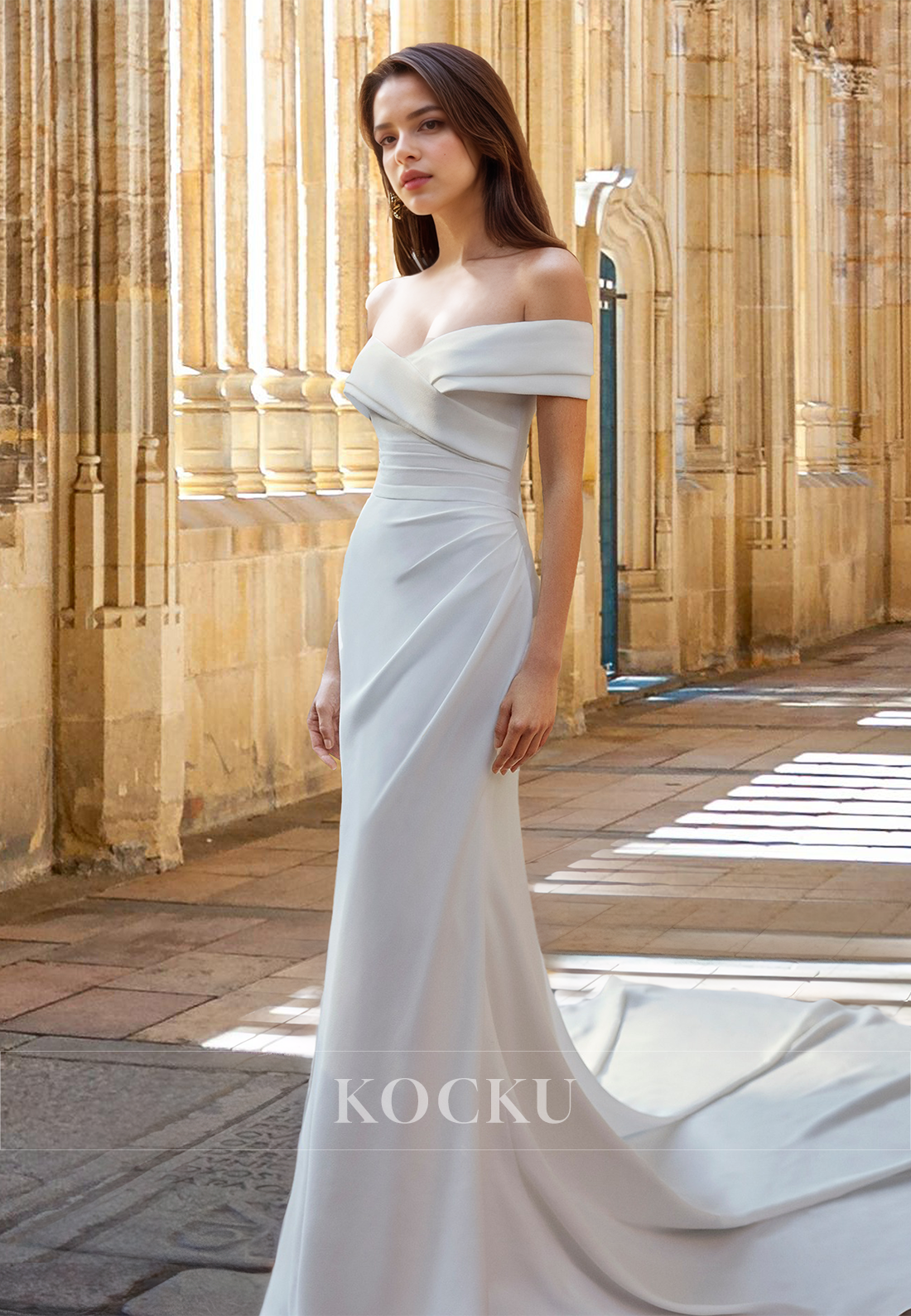 Elegant Off-Shoulder Sheath Pleated Satin Wedding Dress Bridal Gown with Train