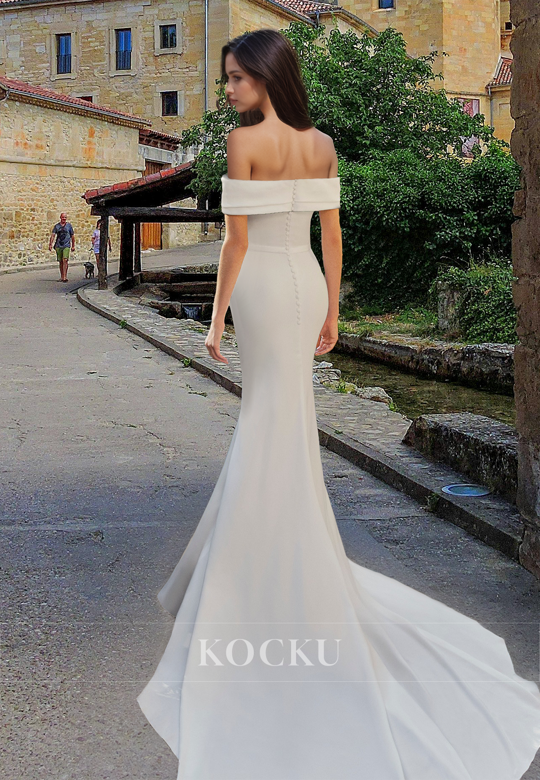 Elegant Off-Shoulder Sheath Pleated Satin Wedding Dress Bridal Gown with Train