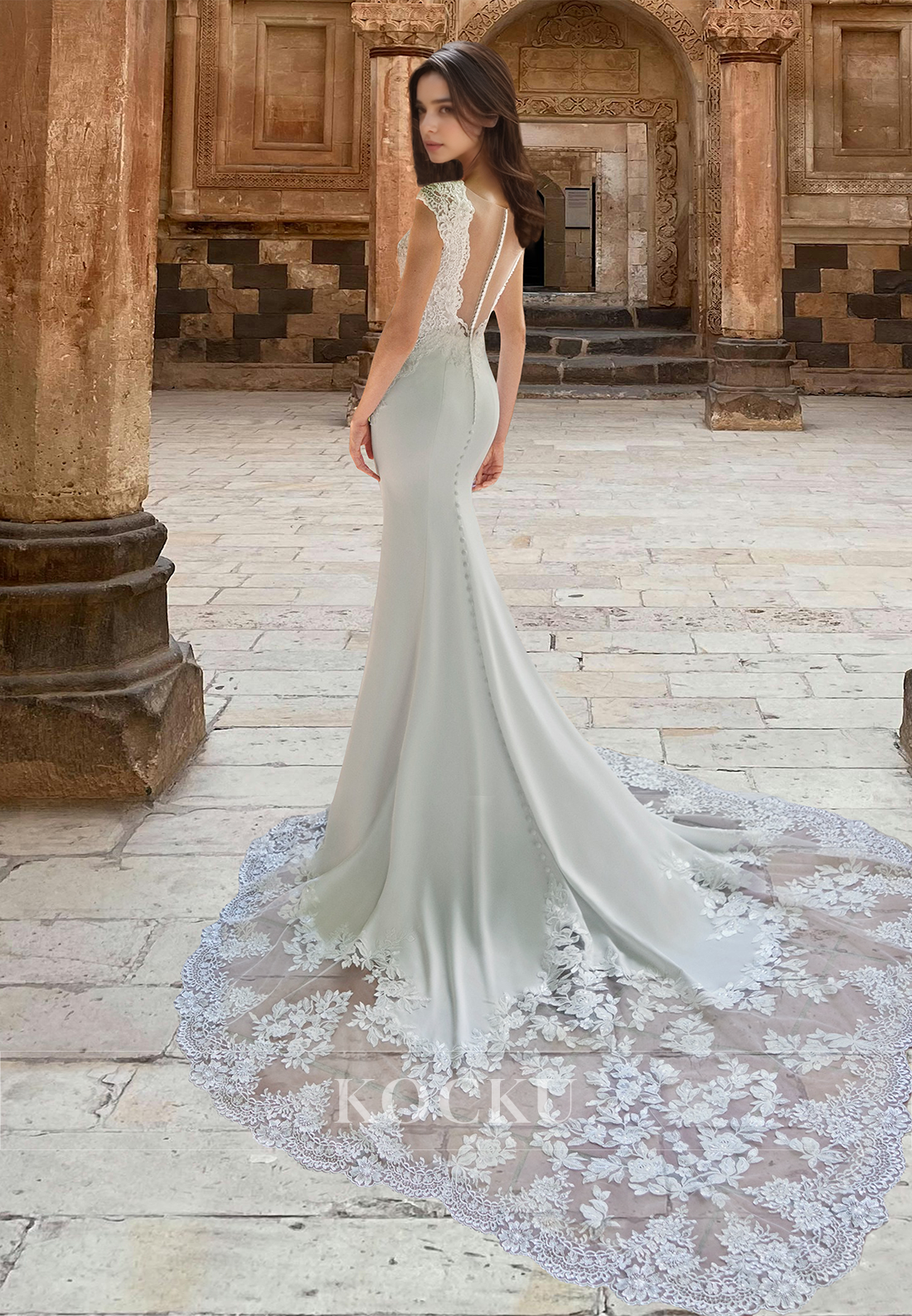 Luxurious Cap Sleeves V-Neck Mermaid Satin Train Wedding Dress with Appliques