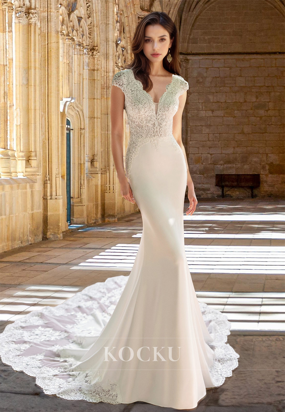 Luxurious Cap Sleeves V-Neck Mermaid Satin Train Wedding Dress with Appliques