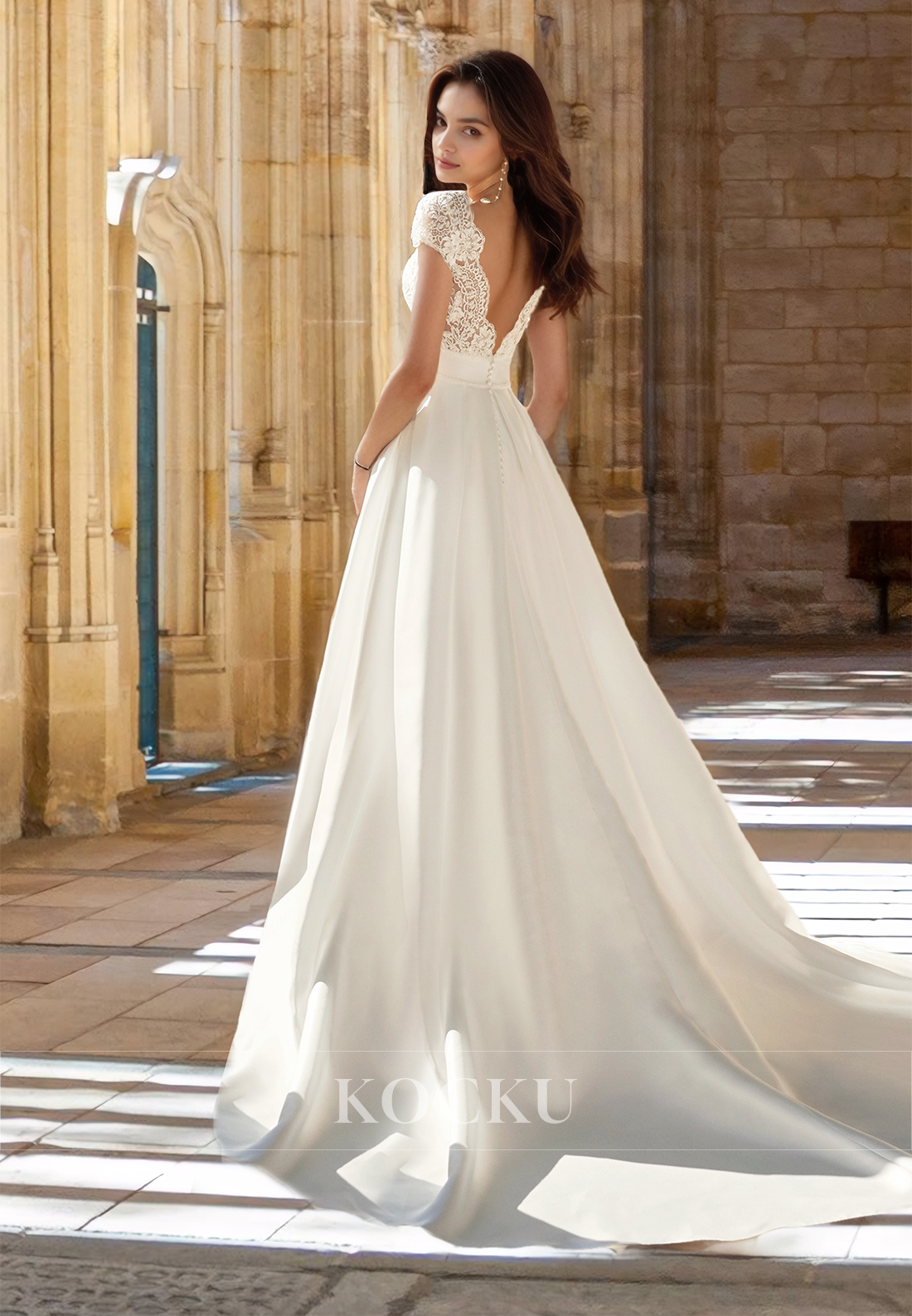 Glamorous A-Line V-Neck Short Sleeves Satin Pleats Appliques Bridal Gowns with Train