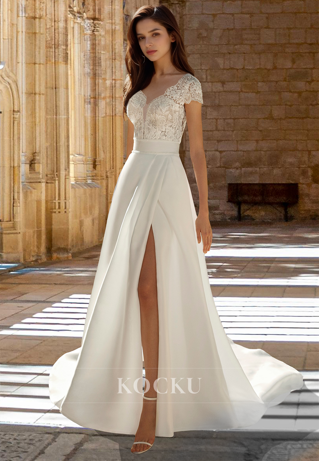 Glamorous A-Line V-Neck Short Sleeves Satin Pleats Appliques Bridal Gowns with Train