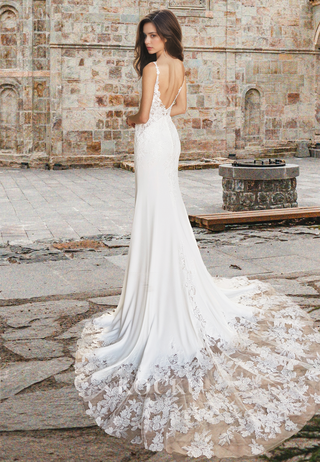 Romantic V-Neck Straps Sheath Sweep Train Satin Wedding Dress with Appliques Bridal Gown