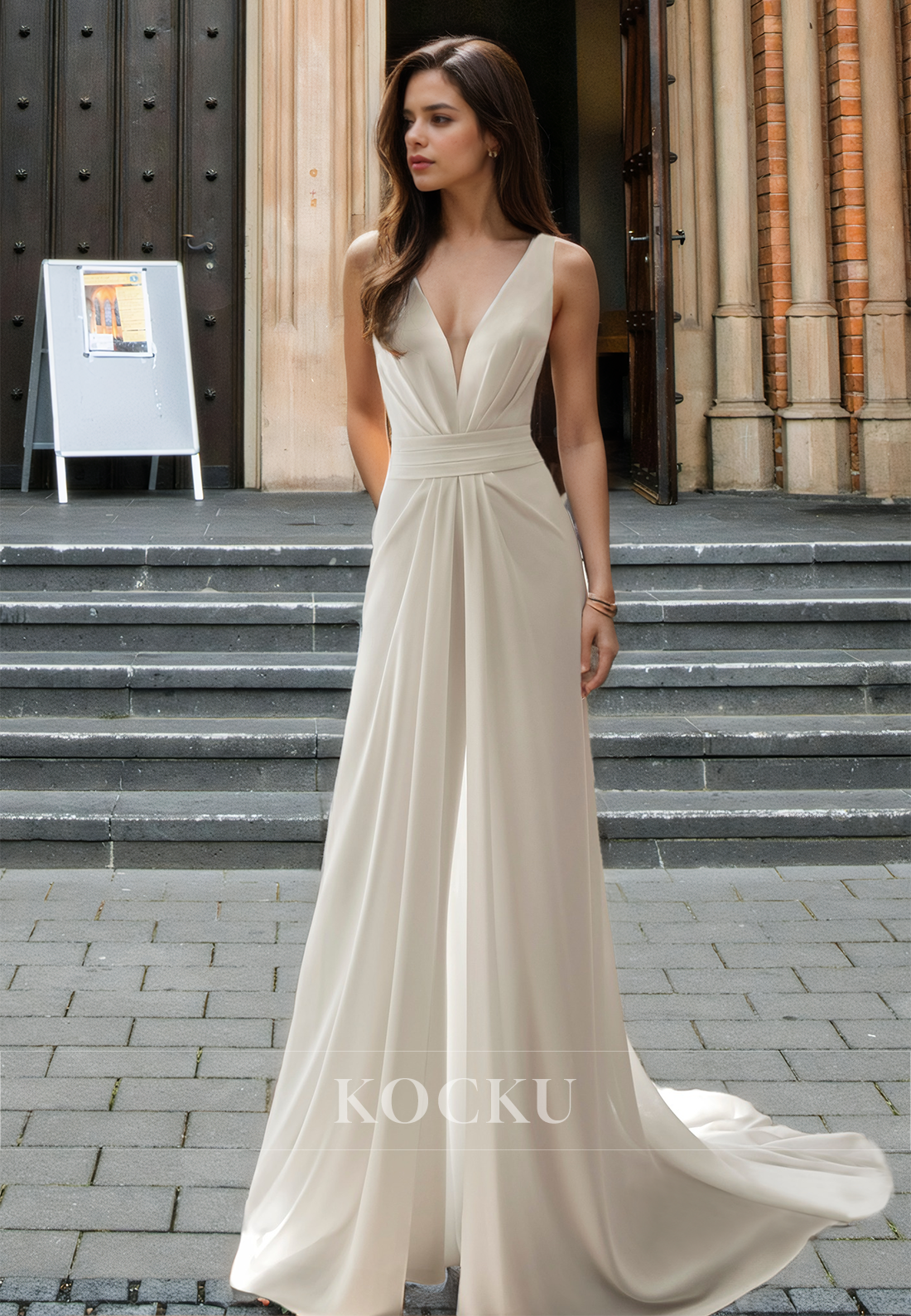 Bohemian A-Line V-Neck Straps Sleeveless Pleated Chiffon Beach Wedding Dress with Train