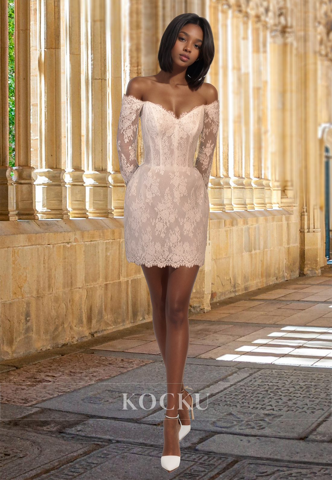 Long Sleeves Sweetheart Sheath Appliques Short Lace Wedding Dress with Detachable Overskirt
