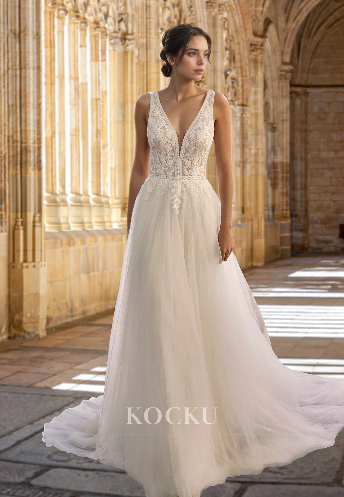 Graceful A-Line V-Neck Straps Brush Train Pleats Lace Beach Wedding Dress with Appliques