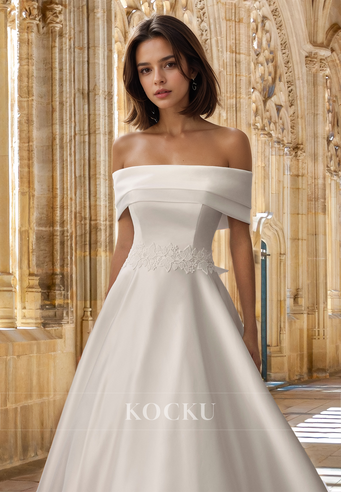 Elegant Off-Shoulder A-Line Sleeveless Appliques Satin Wedding Dress with Bows Bridal Gown