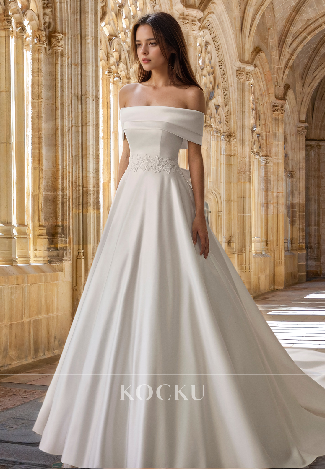 Elegant Off-Shoulder A-Line Sleeveless Appliques Satin Wedding Dress with Bows Bridal Gown
