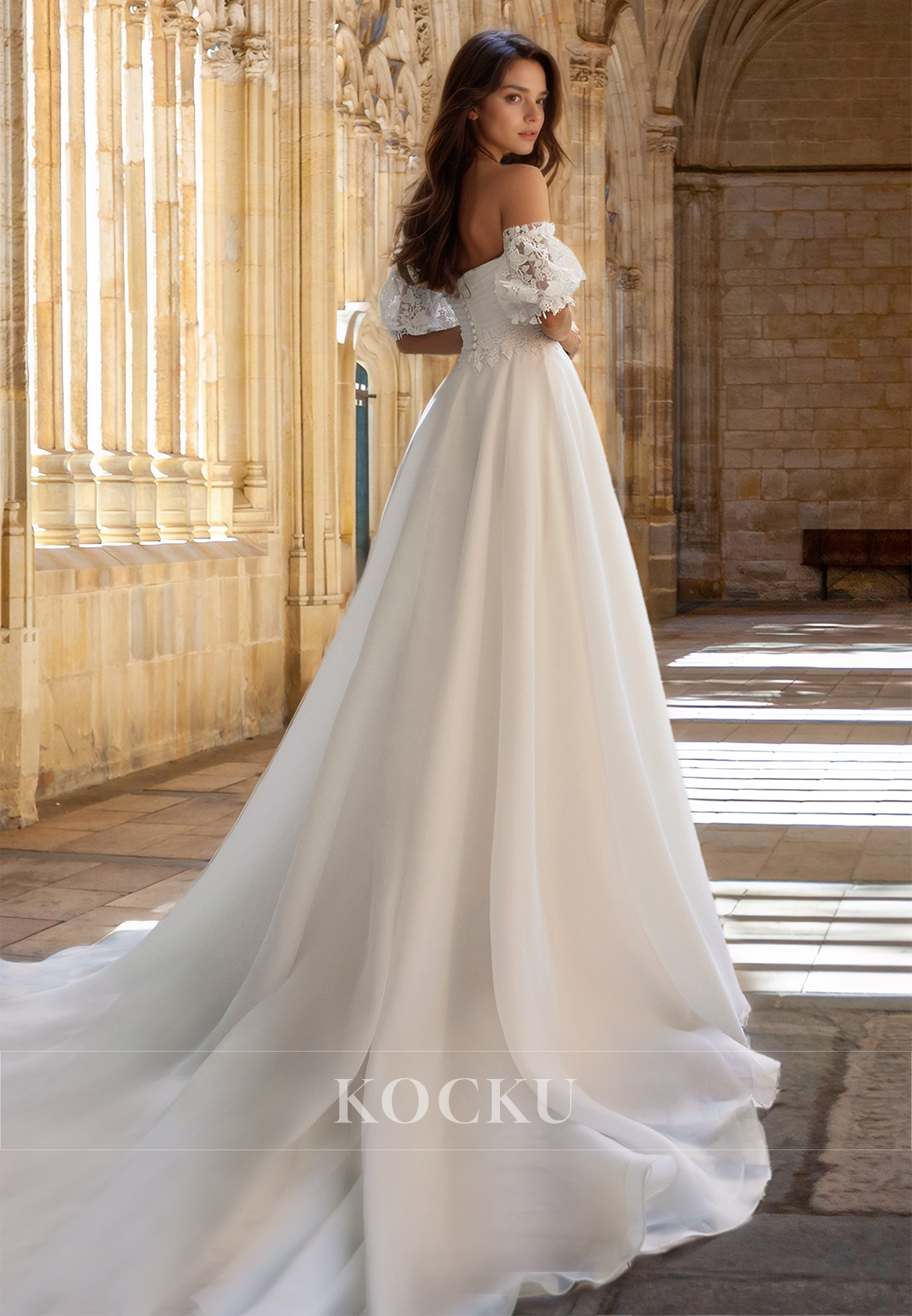 Tube Top A-Line Puff Sleeves Appliques Ruched Long Bridal Gown with Appliques Wedding Dress