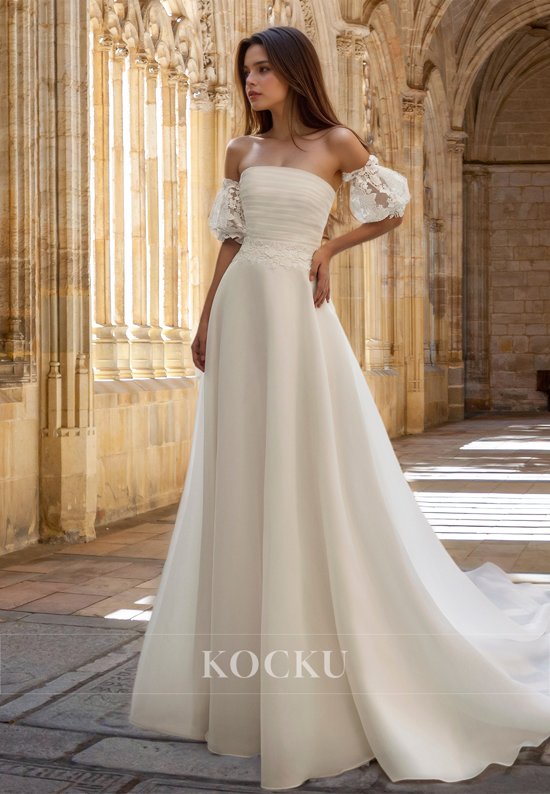 Tube Top A-Line Puff Sleeves Appliques Ruched Long Bridal Gown with Appliques Wedding Dress