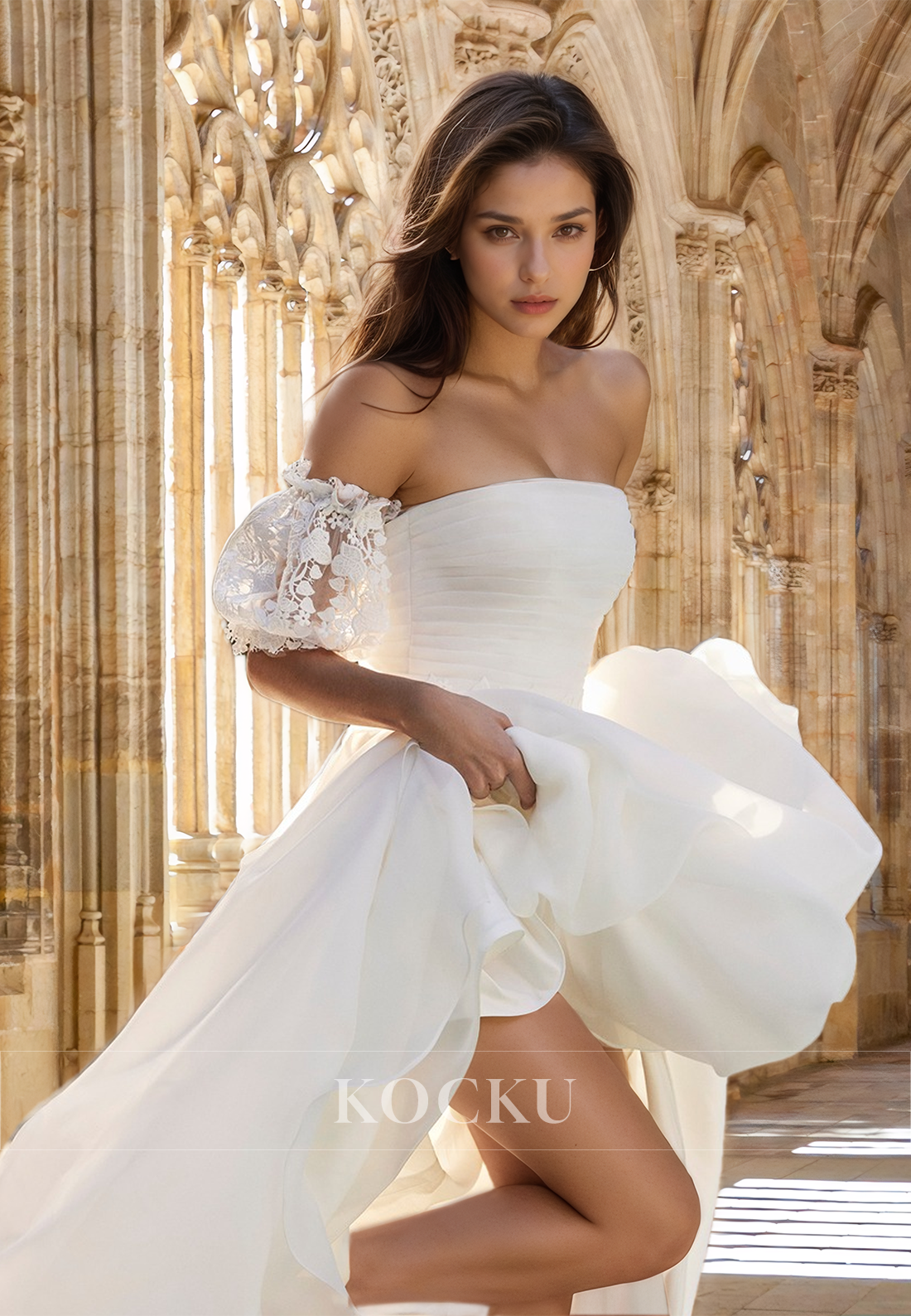 Tube Top A-Line Puff Sleeves Appliques Ruched Long Bridal Gown with Appliques Wedding Dress
