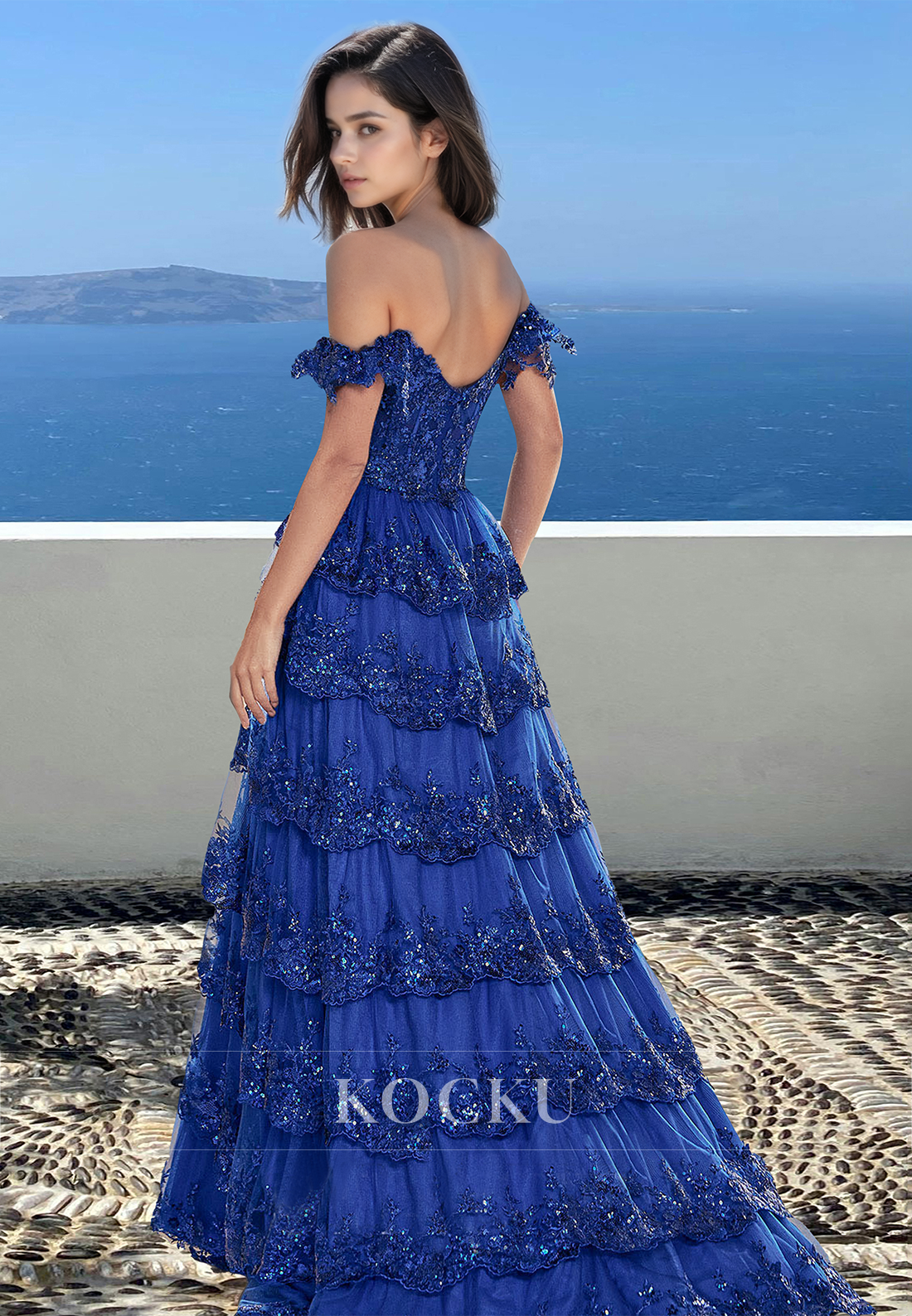 Sparkly A-Line Sweetheart Appliques Tiered Lace Ball Gowns with Slit Prom Dress