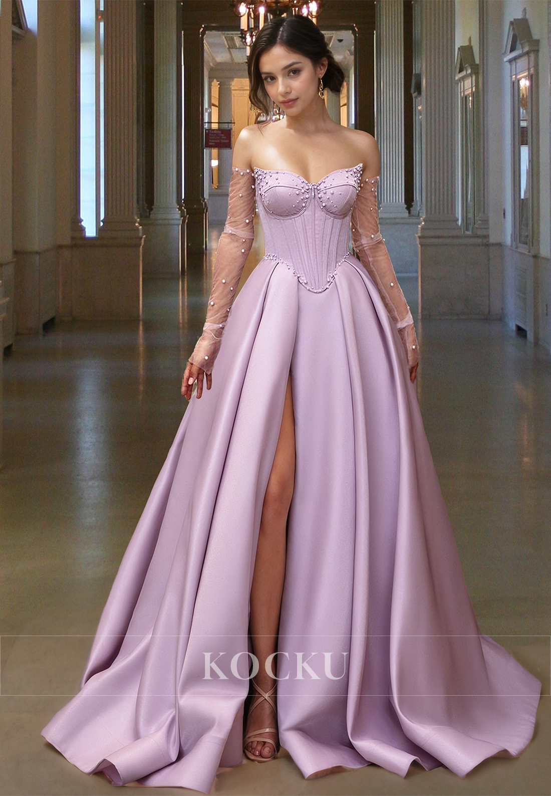 Romantic Long Sleeves A-Line Sweetheart High Slit Satin Prom Party Dress with Beads