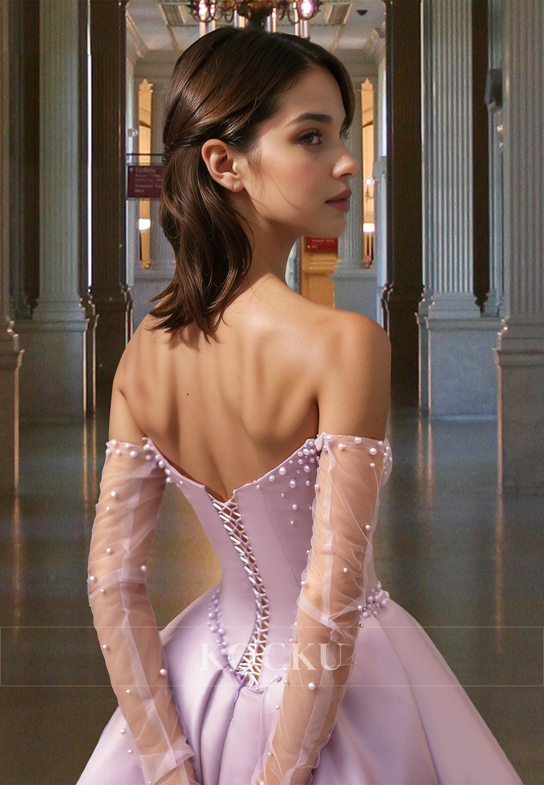 Romantic Long Sleeves A-Line Sweetheart High Slit Satin Prom Party Dress with Beads
