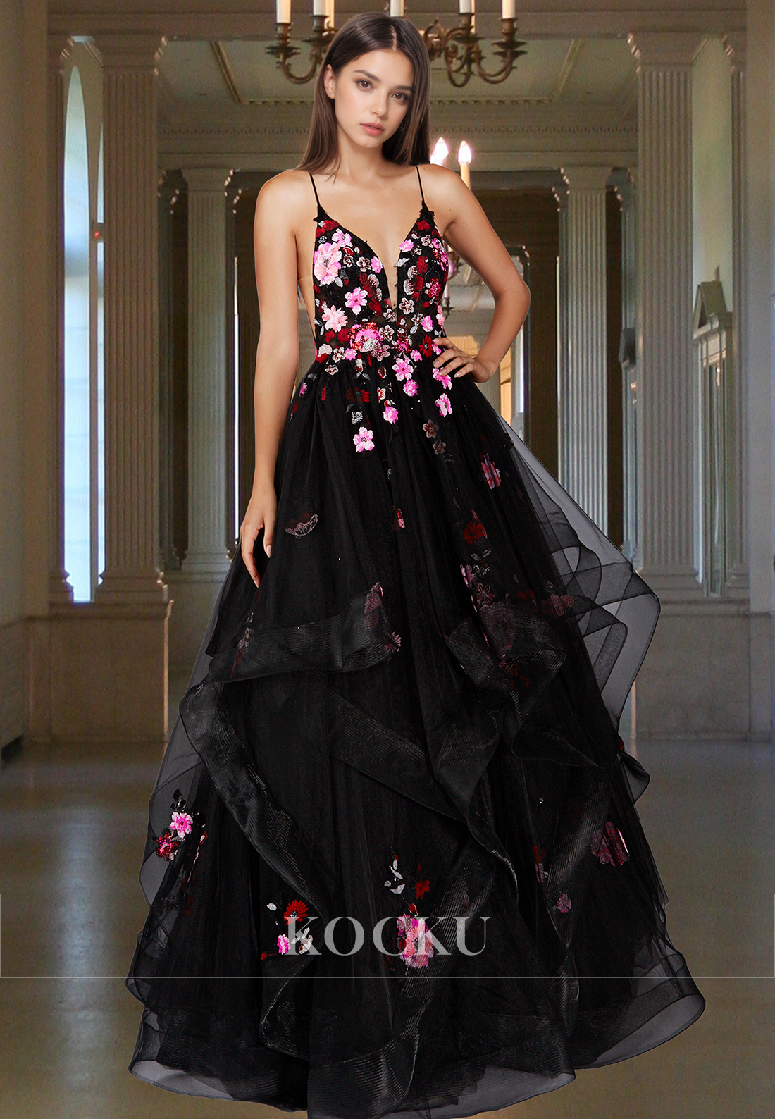 Beautiful A-Line V-Neck Straps Pleated Lace Long Formal Prom Party Dress with Appliques