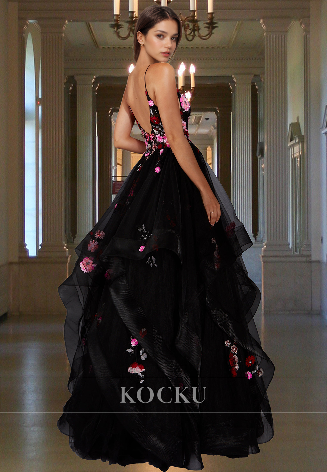 Beautiful A-Line V-Neck Straps Pleated Lace Long Formal Prom Party Dress with Appliques