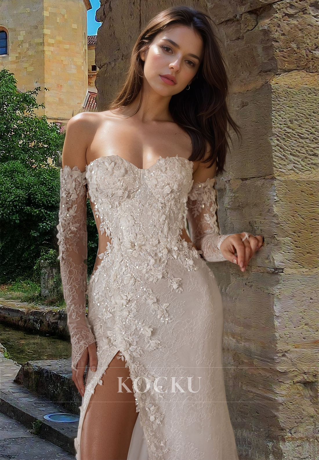 Romantic Sweetheart Sleeveless High Slit Fitted Lace Floral Wedding Dress Bridal Gown with Appliques