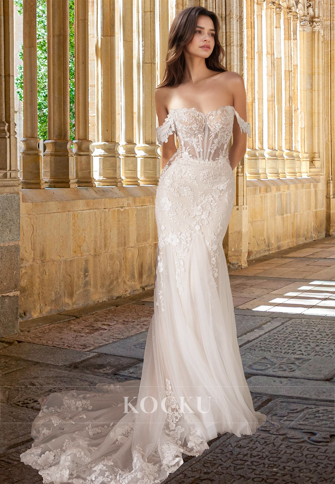 Beaded Mermaid Off Shoulder Sweep Train Pleats Lace Wedding Dress with Appliques