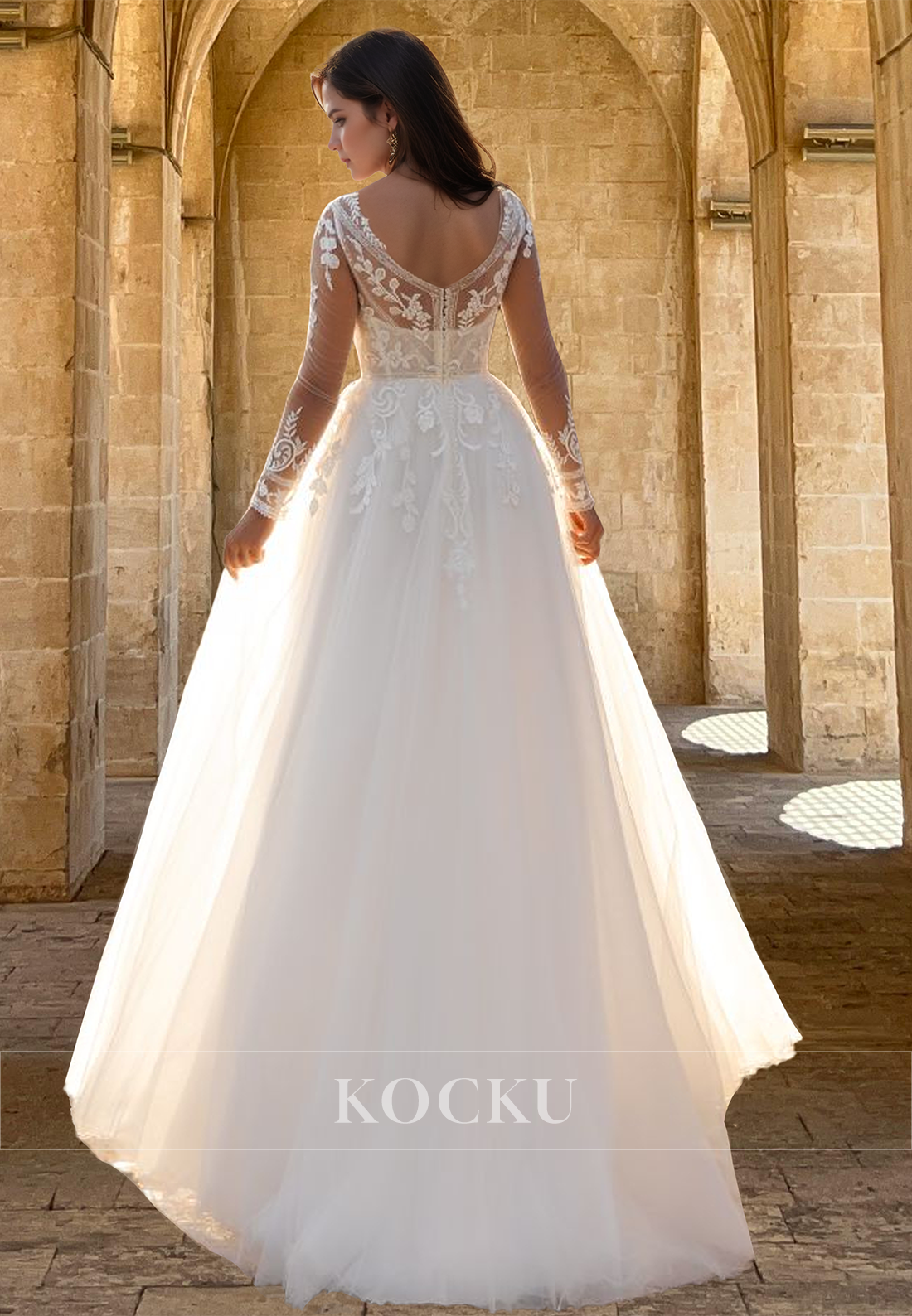 Graceful Long Sleeves A-Line V-Neck Long Lace Pleats Wedding Dress with Appliques Boho Gown