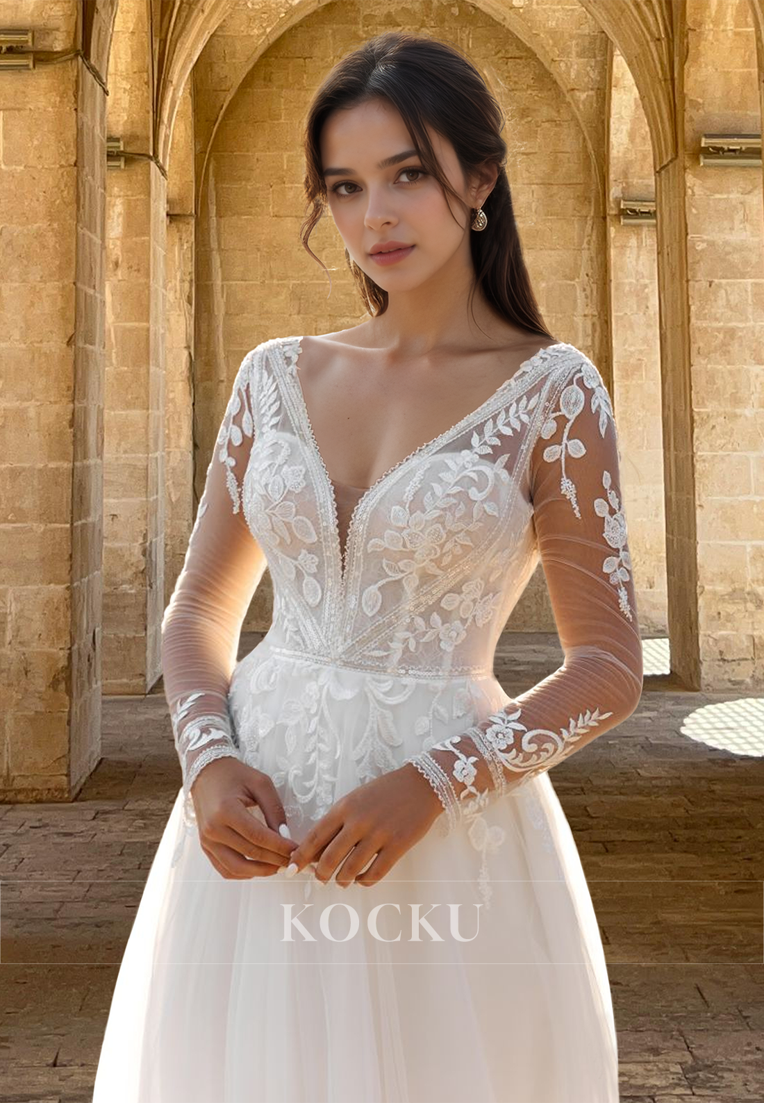 Graceful Long Sleeves A-Line V-Neck Long Lace Pleats Wedding Dress with Appliques Boho Gown