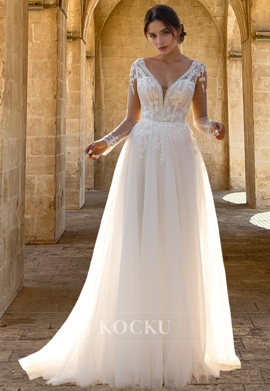 Graceful Long Sleeves A-Line V-Neck Long Lace Pleats Wedding Dress with Appliques Boho Gown